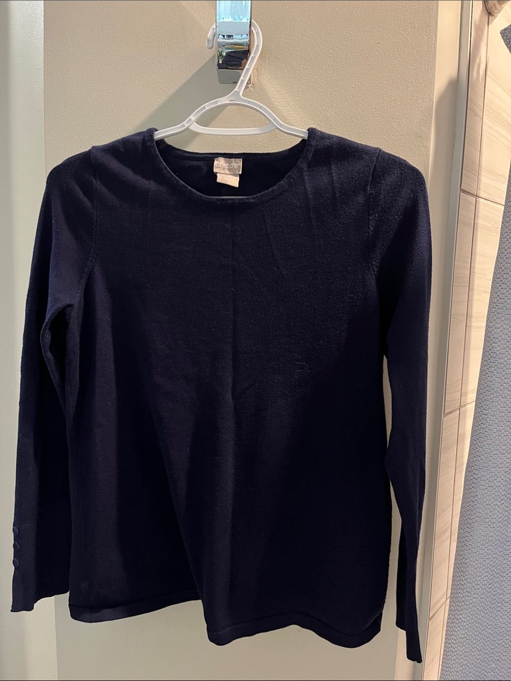 Chico's Navy Blue Long-Sleeve Crewneck Top